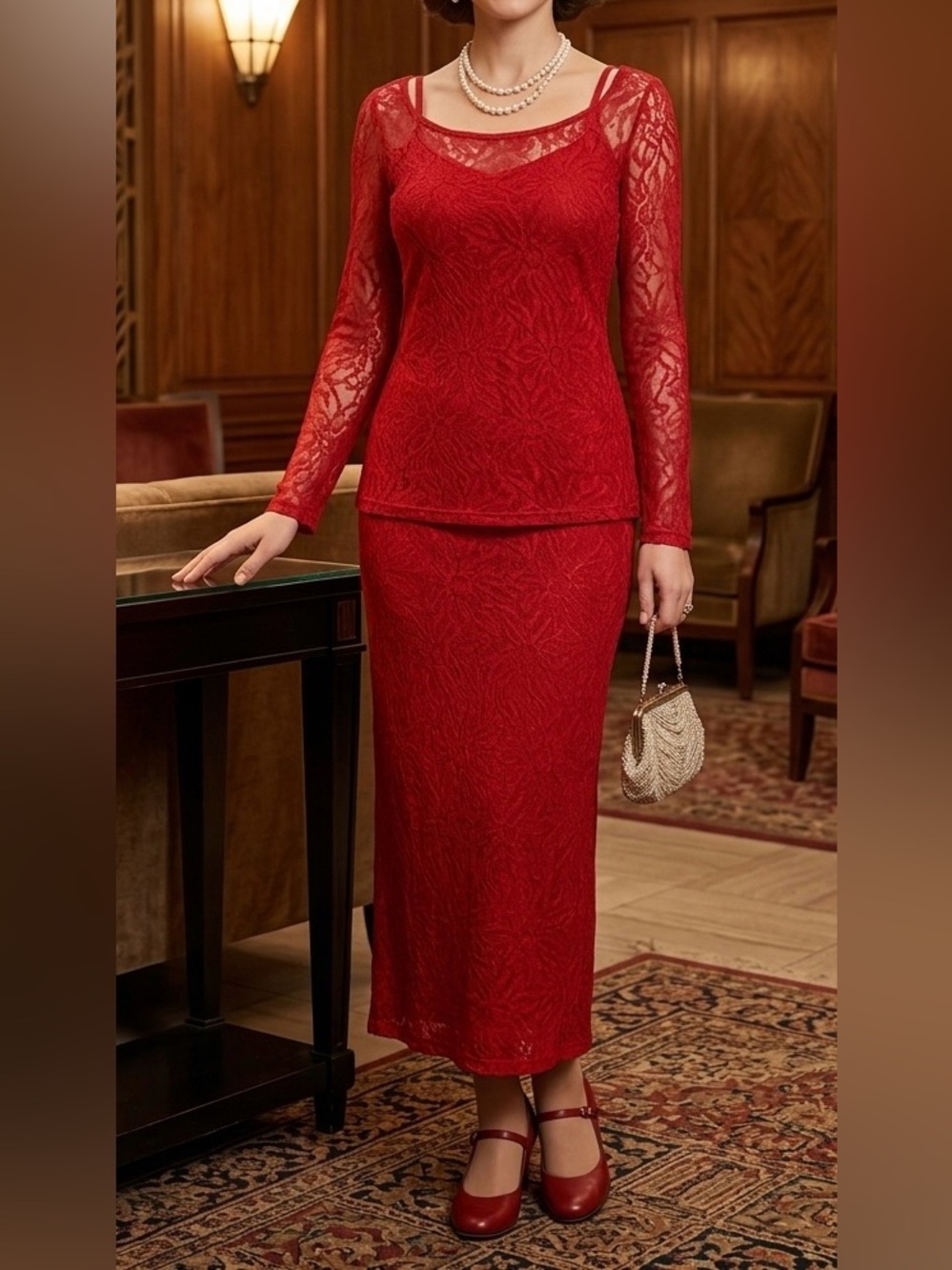 Vtg 90s Streetwear Red Lace 3-Piece Skirt Set S